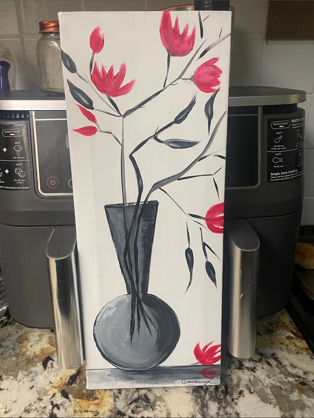 Hand-Painted Red Floral Canvas Wall Art ready to hang